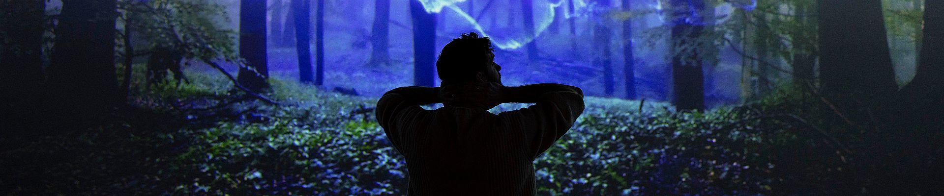 A silhouette of a man inside the Reuko artist residency at FRAMELESS immersive art experience in London.